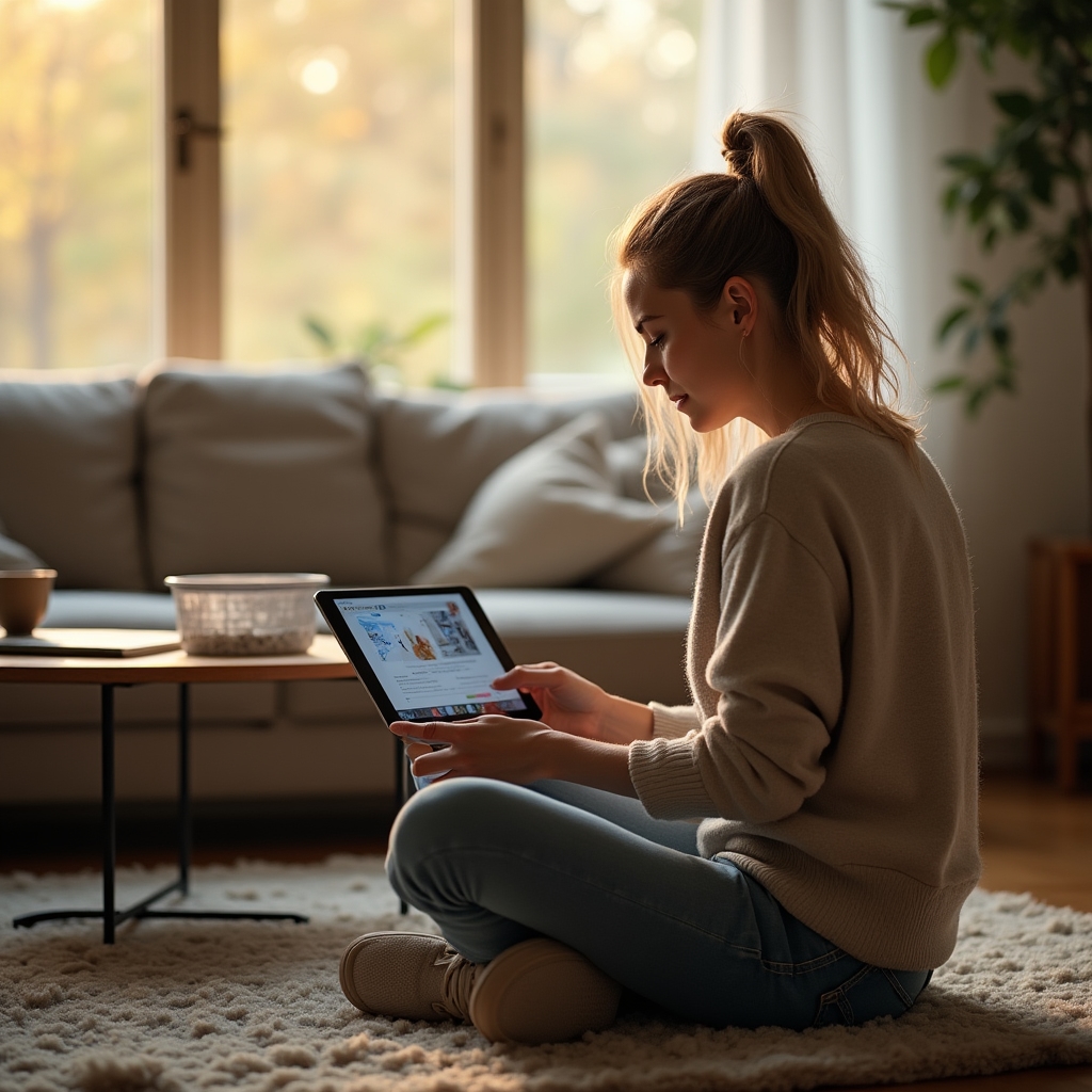 Žena sledující lekci kurzu na tabletu při domácí opravě